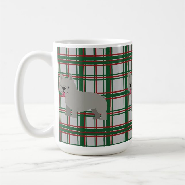 Grey French Bulldog, Christmas Plaid Coffee Mug (Left)