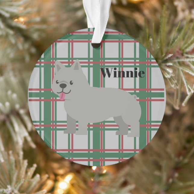 Grey French Bulldog, Christmas Plaid Ornament (Tree)