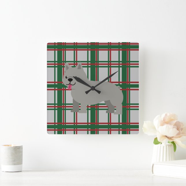 Grey French Bulldog, Christmas Plaid Square Wall Clock (Home)