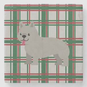 Grey French Bulldog, Christmas Plaid Stone Coaster