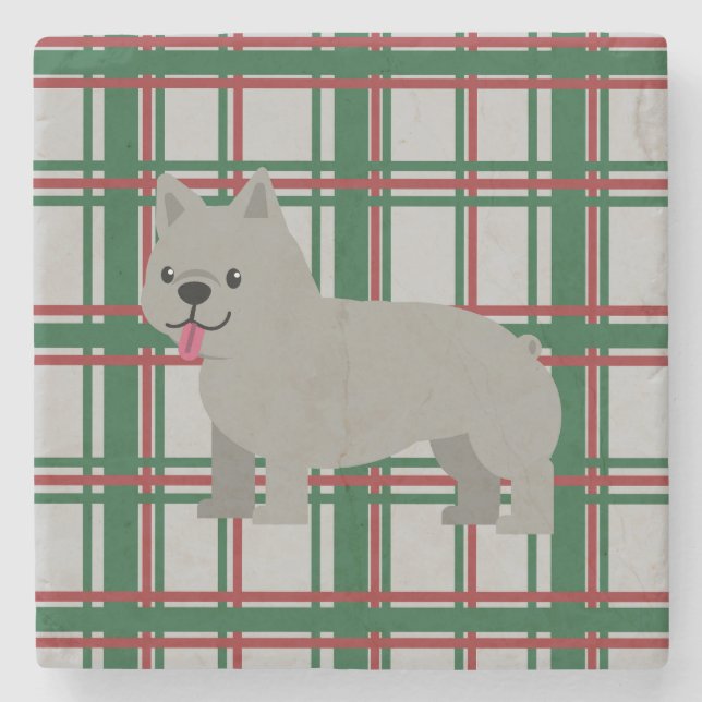 Grey French Bulldog, Christmas Plaid Stone Coaster (Front)