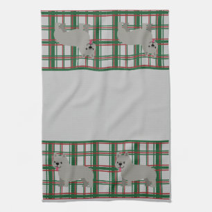 Grey French Bulldog, Christmas Plaid Tea Towel