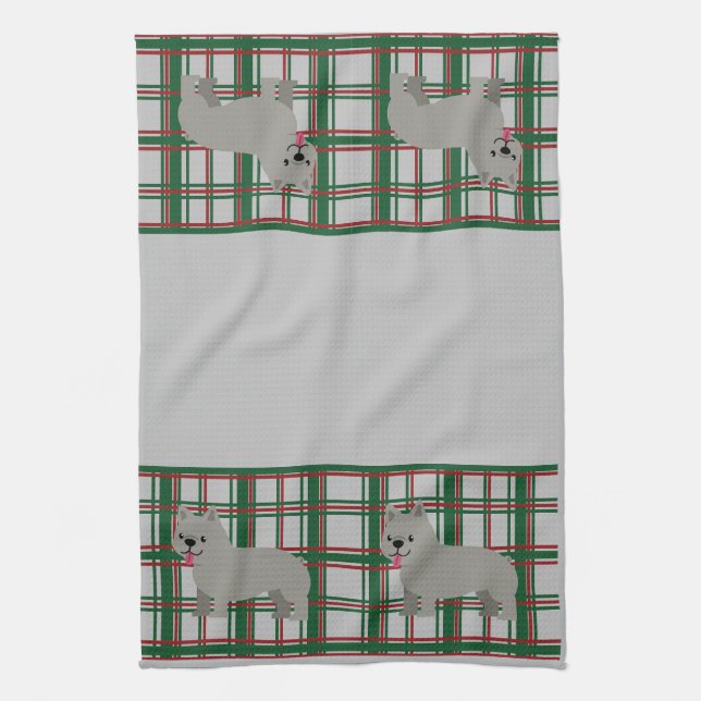 Grey French Bulldog, Christmas Plaid Tea Towel (Vertical)