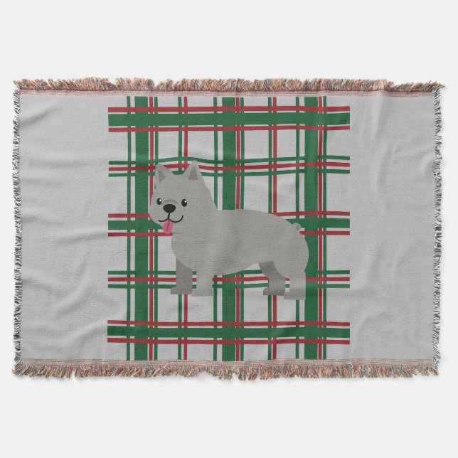 Grey French Bulldog, Christmas Plaid Throw Blanket (Front)