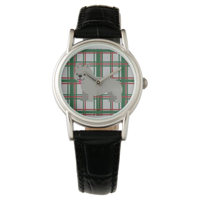 Grey French Bulldog, Christmas Plaid Watch (Front)