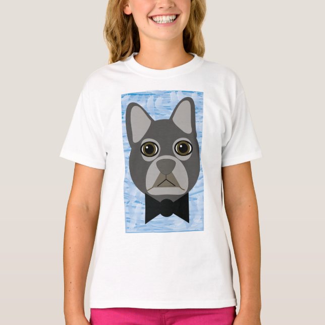 Grey French Bulldog, watercolor blue T-Shirt (Front)