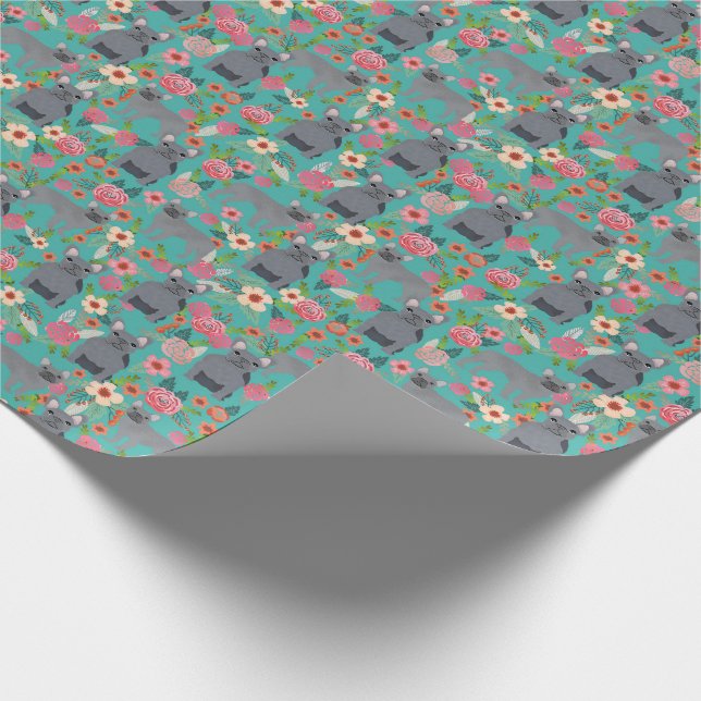 Grey French Bulldogs Vintage Floral turquoise Wrapping Paper (Corner)
