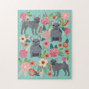 Grey French Bulldogs Vintage Florals Jigsaw Puzzle