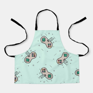 Grey game joystick on blue apron