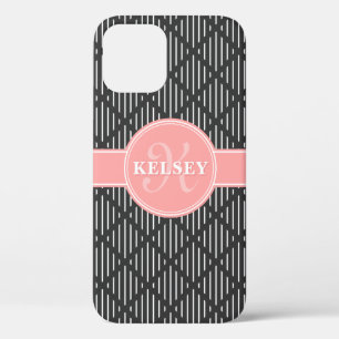 Grey Geometric Line Diamond Pattern Pink Monogram iPhone 12 Case