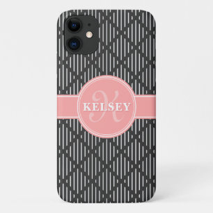 Grey Geometric Line Diamond Pattern Pink Monogram iPhone 11 Case