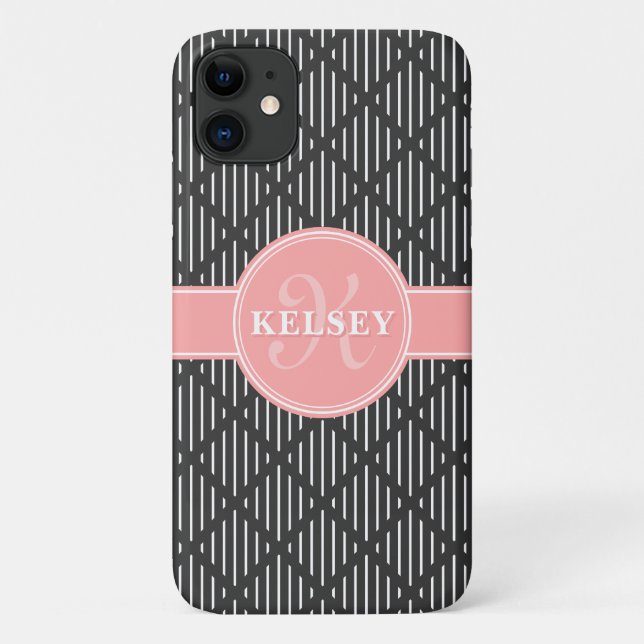 Grey Geometric Line Diamond Pattern Pink Monogram Case-Mate iPhone Case (Back)