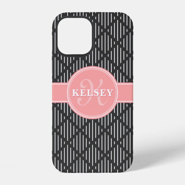 Grey Geometric Line Diamond Pattern Pink Monogram iPhone Case (Back)