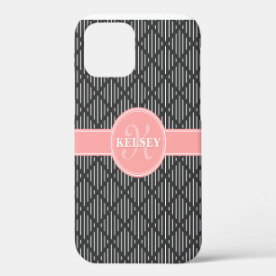 Grey Geometric Line Diamond Pattern Pink Monogram iPhone 12 Case