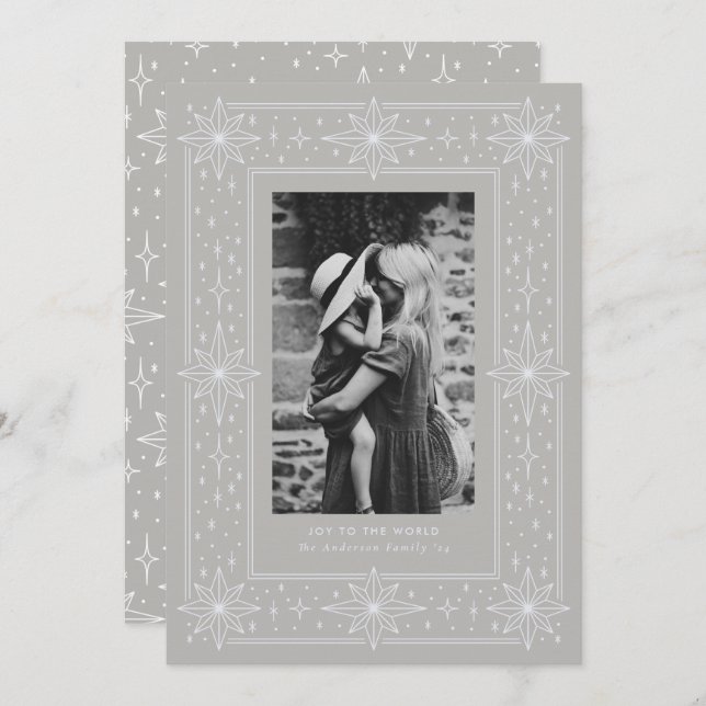 Grey geometric star border Christmas Photo Holiday Card (Front/Back)
