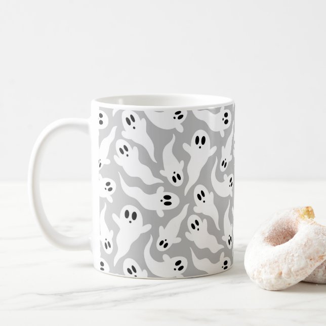 Grey Ghost Pattern Halloween Coffee Mug (With Donut)
