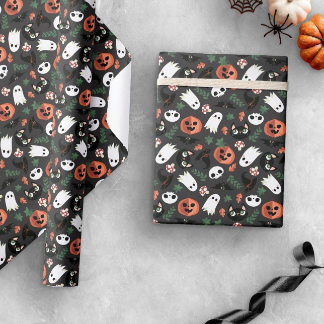 Grey Ghosts Bats Cats Pumpkins Halloween Pattern Wrapping Paper (Creator Uploaded)