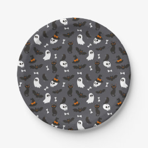 Grey Ghosts Skulls Ravens Cats Halloween Patterns Paper Plate