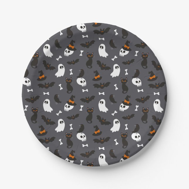 Grey Ghosts Skulls Ravens Cats Halloween Patterns Paper Plate (Front)