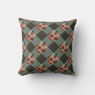 Grey Gingham and Burgundy Floral Country Cushion