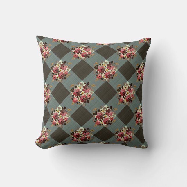 Grey Gingham and Burgundy Floral Country Cushion (Front)