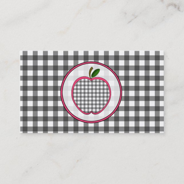 Grey Gingham Apple Fashion Teacher Business Card (Front)