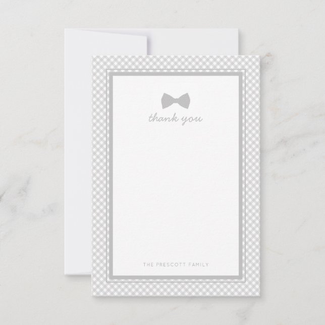 Grey gingham bow tie baby shower thank you note (Front)