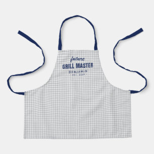 Grey gingham future grill master personalised apron
