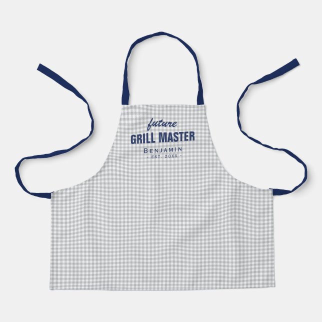 Grey gingham future grill master personalised apron (Front)