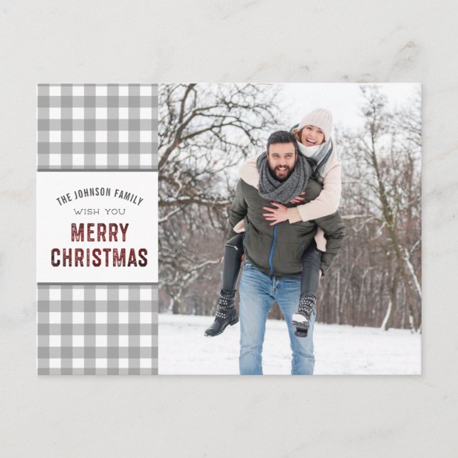 Grey Gingham MERRY CHRISTMAS 2 Photos Holiday Postcard (Front)