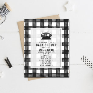 Grey Gingham Night Sky Mountains Baby Shower Invitation