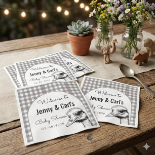 Grey Gingham Ostrich Cute Baby shower Napkin