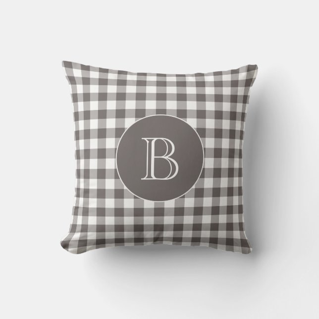 Grey Gingham Pattern Custom Monogram Cushion (Front)