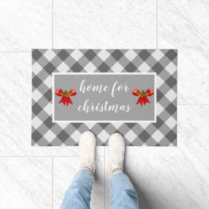 Grey Gingham Pattern Home for Christmas Custom Doormat