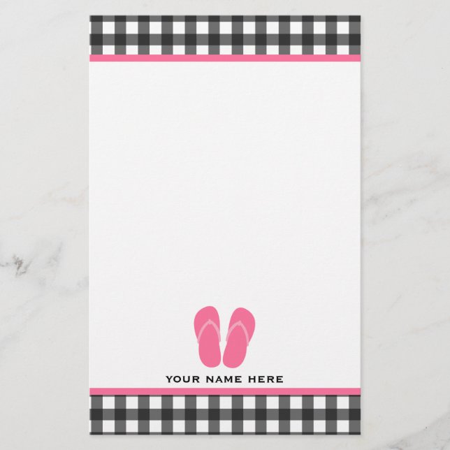 Grey Gingham & Pink Flip Flops Stationery (Front)