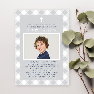 Grey Gingham Plaid First Communion Boy Photo Invitation