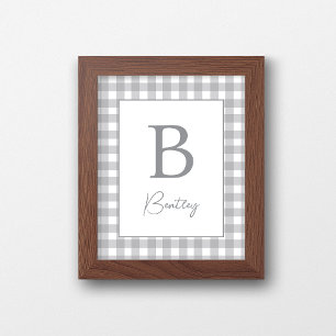 Grey Gingham Plaid Nursery Name Sign