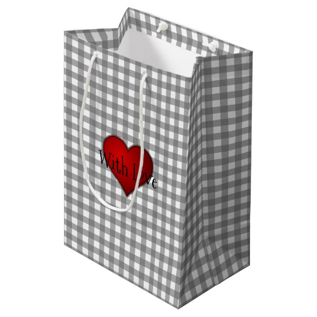 Grey Gingham Red heart With Love Medium Gift Bag (Front Angled)