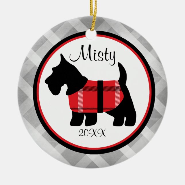 Grey Gingham Scottish Terrier Pet Ornament (Front)