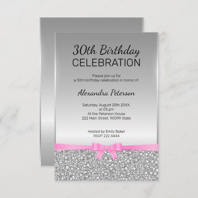 Grey Glitter 30th Birthday Invitation (Front/Back)
