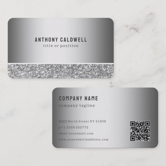 Grey Glitter and Grey Metal  Business Card (Front/Back)