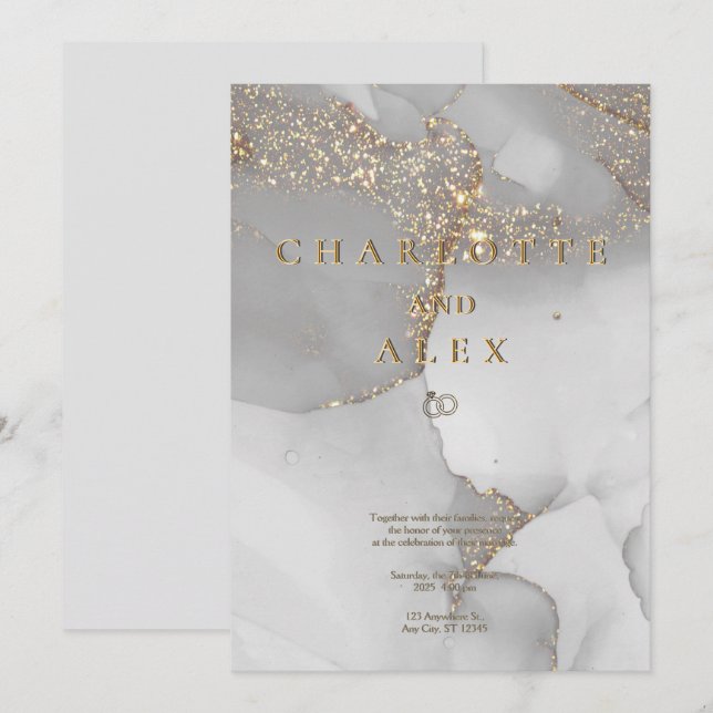 Grey Glitter Chic Alcohol Ink Wedding Invitation (Front/Back)