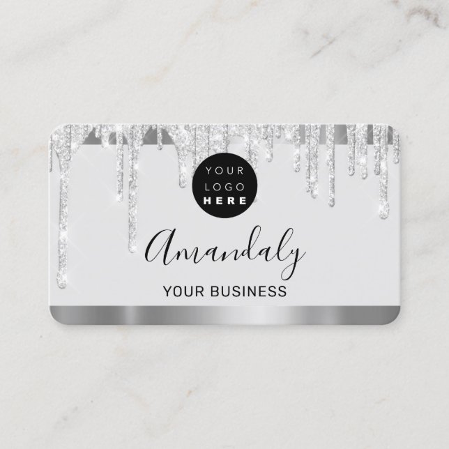 Grey Glitter Drips Silver Frame Qr Code Logo Business Card (Front)