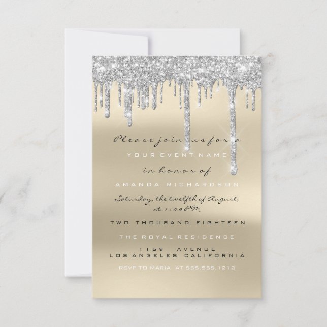Grey Glitter Drips Silver Ivory Bridal Sweet 16th Invitation (Front)