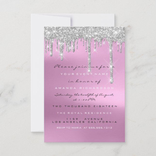 Grey Glitter Drips Silver Pink Bridal Sweet 16th Invitation (Front)