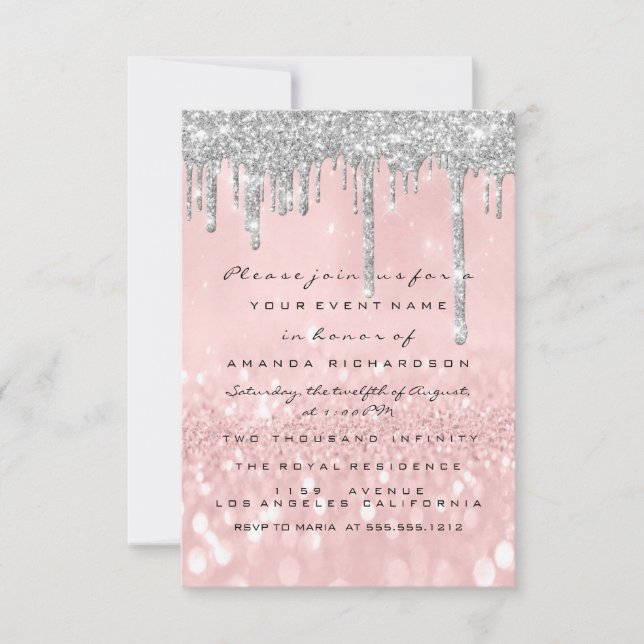 Grey Glitter Drips Silver Rose Bridal Sweet 16th  Invitation (Front)