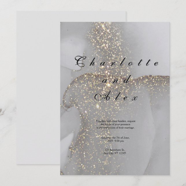 Grey Glitter Elegant  Ink Wedding Invitation (Front/Back)