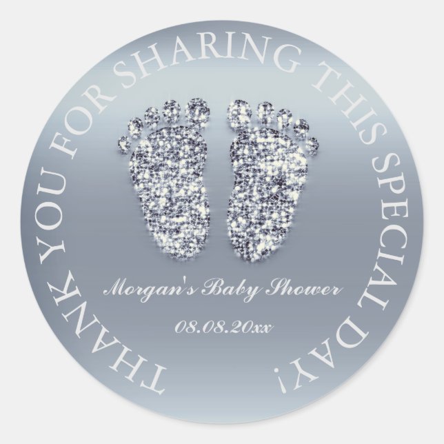 Grey Glitter Feet Baby Shower Favour Thank You Blu Classic Round Sticker (Front)