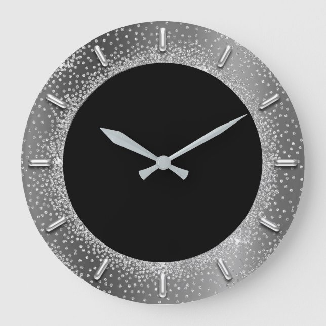 Grey Glitter Silver Grey Black Metal Grey Elegant Large Clock (Front)