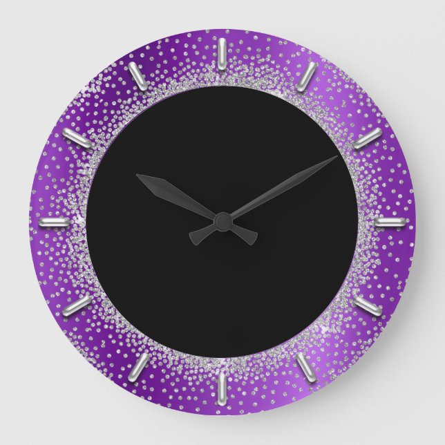 Grey Glitter Silver Grey Black Metal Purple Violet Large Clock (Front)
